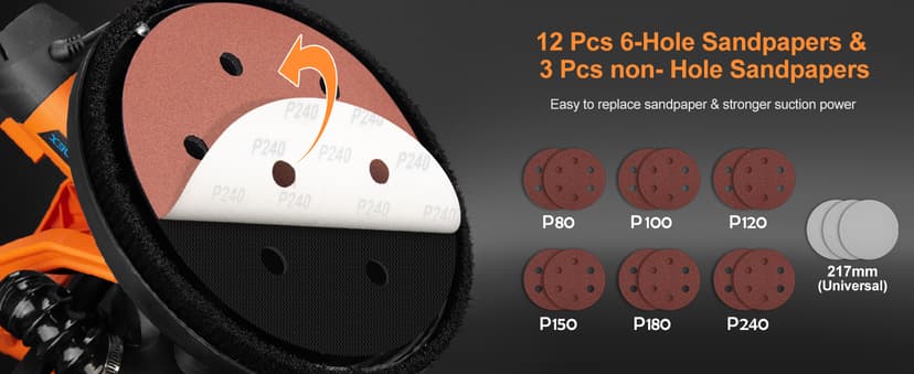 Drywall Sander, 1000W Popcorn Ceiling Removal Tool, Automatic Drywall Sander with Vacuum Dust Collection, LED Light, 6 Variable Speed 800-2200RPM, Foldable & Extendable Handle,15Pcs Sanding Discs