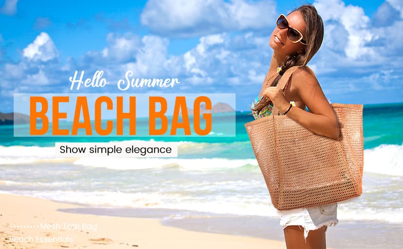 HOHOM Beach Bags for Women, Summer Travel Mesh Tote Bag with Large Inner Pocket, Sandproof Woven Shoulder Handbag