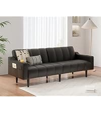 Brelice 80'' Leather Couch, Futon Sofa Bed, Faux Leather Couch with Adjustable Backrest, 2 Cup Holders & Side Pockets, Mid Century Modern Sofa for Living Room, Bedroom, Brown