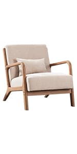 INZOY Mid Century Modern Chair with Wood Frame, Upholstered Armchair with Waist Cushion, Accent Chair for Living Room Bedroom Apartment, Easy Assembly, Beige