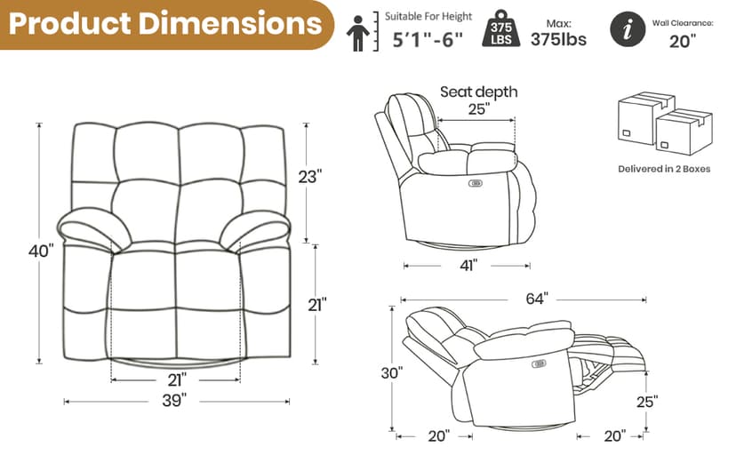 Oversized Power Swivel Rocker Recliner Chair for Big and Tall, Electric Chenille Glider with USB Ports, Extra Wide Overstuffed Reclining Sofa for Living Room Nursery, 375lbs (Brown, Power)