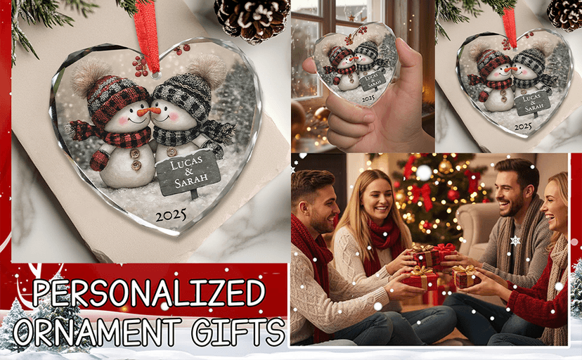 Noni Personalized Couple Heart Glass Ornament, Custom Names Printed and Year 2025, Snowman Couple Art Clear Faceted Tree Keepsake, Gifts for Couples, Gifts for Christmas