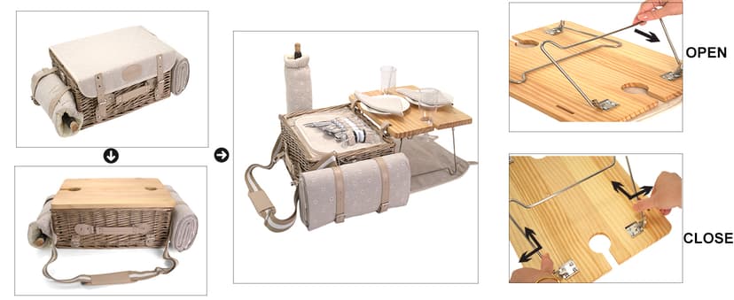 Multifunctional Wicker Picnic Basket Set for 2 with Blanket and Picnic Table, Insulated Picnic Set with Full Tablewares for Camping Outdoor Couples, Flowers B0D4Q11DMV
