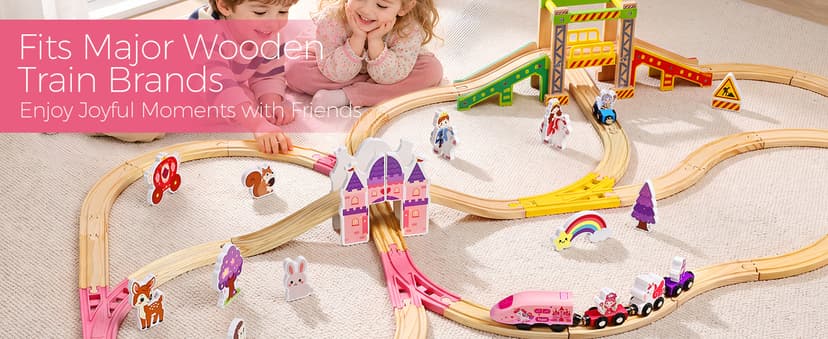 Pink Train Track Set Fairy Theme with Multiple Layouts, Birthday Gift Toys for Girls 3 4 5 6 Year Old Wooden Train Set Electric, 50 PCS Unicorn Princess Wood Track for Girls B0HDSGBW7S