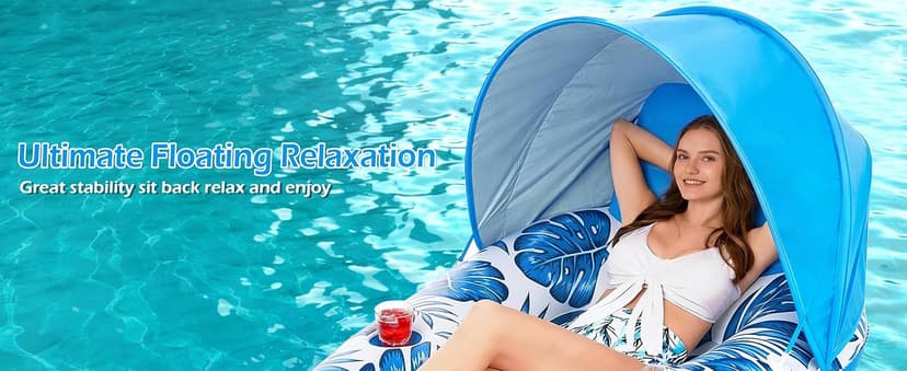 Jasonwell Pool Float with Canopy - Inflatable Pool Floaties Adult Lounger Floats Raft Floating Chair with Cup Holders for Swimming Pool Lake Water Lounge Float Beach Pool Party Toys for Adults