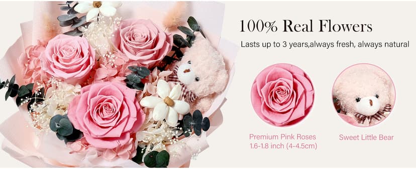 Preserved Flowers Bouquet with Bear, 3 Real Forever Flowers for Delivery, Long-Lasting Pink Eteranl Roses Bouquet Birthday Gifts for Women, Mother, Wife, Her