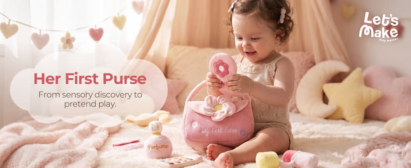 Teether Phone, Wooden Keys & Car Key, Soft Baby Purse with Mirror & Crinkle Card, Sensory Pretend Play, 1 Year Old Girl Gifts let's make My First Baby Purse, 10 Pcs Sensory Toy for Baby & Toddler Girls B0H151K19V