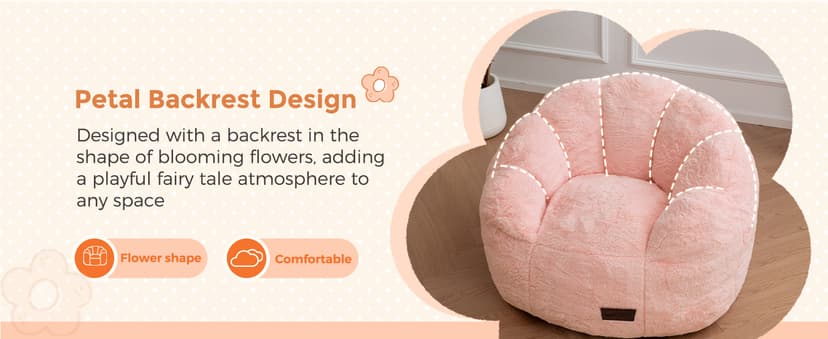 MAXYOYO Kids Bean Bag Chair, Floral Shaped Bean Bag Sofa, Plush Faux Fur Toddler Couch with Petal Backrest for Boys Girls, Stuffed Cozy Sofa for Nursery, Bedroom, Pink