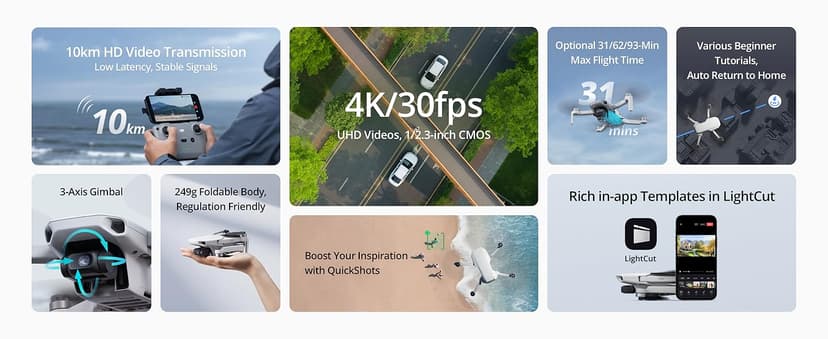 DJI Mini 4K, Drone with 4K UHD Camera for Adults, Under 249 g, 3-Axis Gimbal Stabilization, 10km Video Transmission, Auto Return, Wind Resistance, 1 Battery for 31-Min Max Flight Time