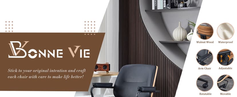 BV BONNE VIE Mid Century Walnut Office Chair with Arms, Adjustable Swivel Desk Chair, Leather Computer Chair with Rolling Wheels for Home Office or Study Room, Black