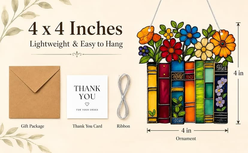 Book Lovers Gifts for Women, Book Ornament Faux Stained Glass Window Hanging, Bookish Gifts for Teacher, Librarian, Reader, Bookworm, Christmas Stocking Stuffer Tree Decorations (Floral Shelf)