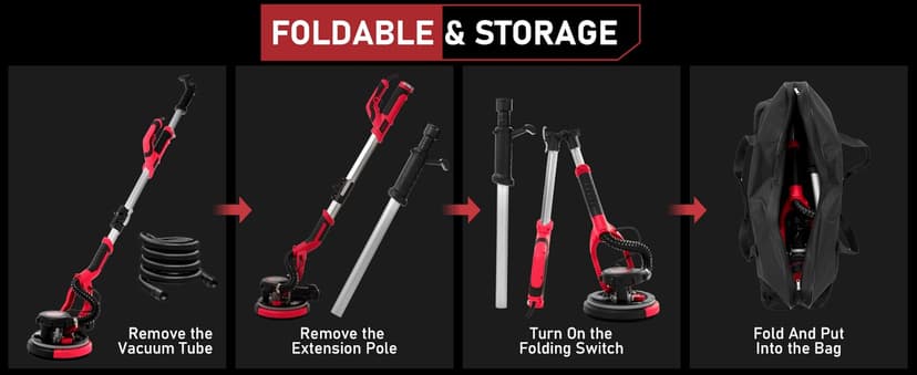 Cofiyard Drywall Sander with Vacuum Dust Collector,1250W Electric Drywall Sander ,7 Variable Speed LED Light 900-1800RPM,Foldable & Extendable Handle Ceiling Popcorn Removal Tool