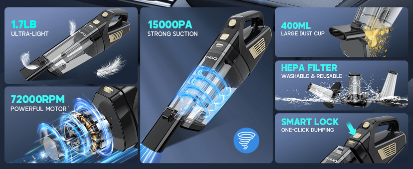 CKIKH Handheld Vacuum Cordless, 15000PA Strong Suction Hand Held Car Vacuum Cleaner Portable with Multi-Nozzles & Washable Filter, Lightweight Dust Busters Rechargeable for Home, Car, Office, Pets