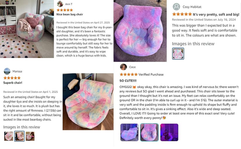Bean Bag Chair with Filling, Faux Fur Comfy BeanBag Chairs for Teens, Adults, Bedroom, Living Room, Reading - Rainbow
