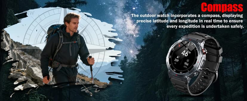 Military Smart Watch for Men Built-in GPS with LED Flashlight Compass, 1.43" AMOLED Display 5ATM Waterproof Fitness Tracker with Heart Rate/Sleep/Blood Pressure, Watches for Android/iPhone, Black