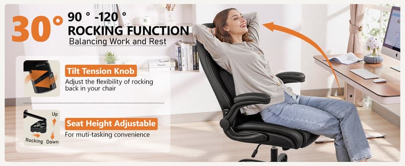 BESTFAIR Office Chair, Ergonomic Computer Desk Chairs with Lumbar Support for Lower Back Pain Relief, Executive Leather Home Chair Comfy with Padded Flip-up Armrests, Black
