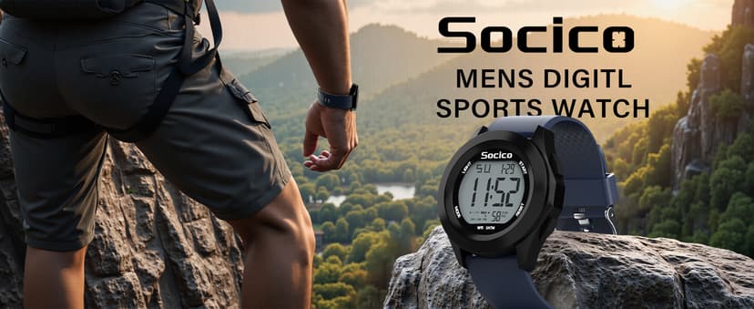 SOCICO Mens Digital Watch Sports Waterproof Outdoor Large Face Military Watches with Stopwatch Back Light Alarm Date Display
