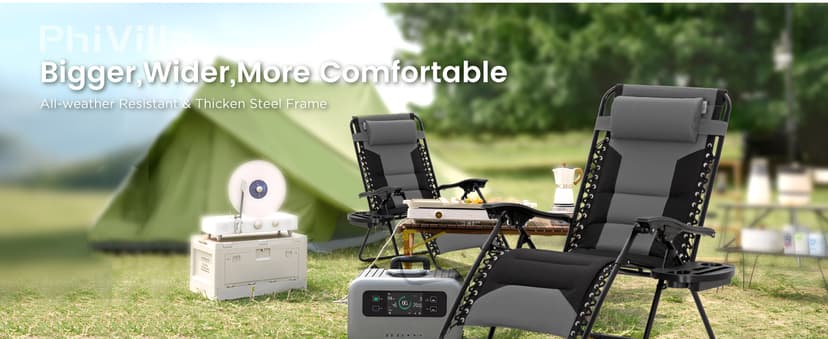PHI VILLA Zero Gravity Chair Set of 2, Padded Anti Gravity Recliner, Oversized 28" Wide Seat, Foldable Patio Lounger with Armrest & Cup Holder, Supports 400 LBS (Blue Black)