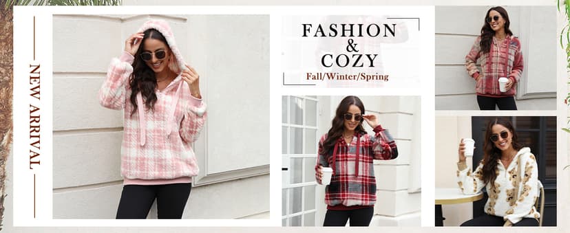 ReachMe Womens Oversized Sherpa Pullover Hoodie with Pockets Fuzzy Fleece Sweatshirt Plaid Fluffy Jacket Coat