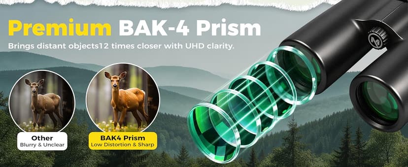 12x42 UHD Binoculars for Adults High Powered Waterproof Large View with Clear Vision & Compact Binocular Essentials for Hunting Camping Cruise Travel Bird Watching Sports