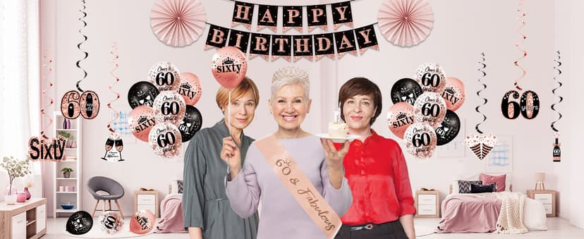 60th Birthday Decorations for Women, 33pcs Black Rose Gold Happy 60th Birthday Banner Crown and Sash Balloons Backdrop Hanging Swirls Paper Fans, 60 Years Old Party Supplies Kit