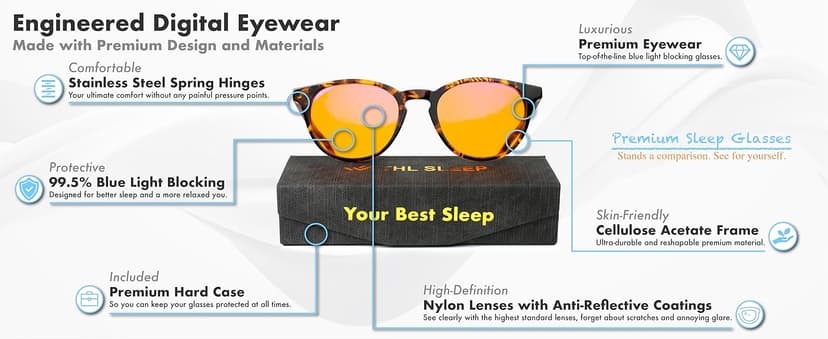 Orange Blue Light Blocking Glasses for Better Sleep - 99.5% Premium Acetate Migraine Glasses for Women & Men