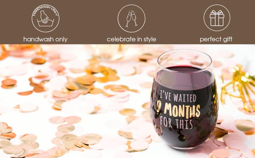 Pearhead I’ve Waited 9 Months For This Stemless Wine Glass, Perfect for Mother’s Day, Ideal Gift for Baby Shower, Post Pregnancy, New and Expecting Moms, Pink and Gold, 16 Oz