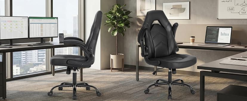 Sweetcrispy Computer Gaming Desk Chair - Big Tall Ergonomic Lumbar Support with Flip-up Armrest and 360° Swivel Wheels, PU Leather Height Adjustable, for Home and Office, Black