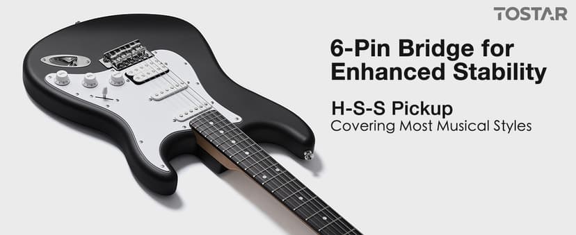Tostar Beginner Electric Guitar, Solid Body, 39" Full Size Strat Style with HSS Pickups, 5-Way Switch, Tremolo Bridge, Maple Neck & Tectona Fretboard, Ideal for Beginners and Gifting, Black