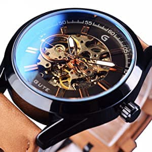 GLEIM Gute Mens Watches, Mechanical Skeleton Automatic Self-Winding Steampunk Watch for Men, Casual Clock Brown Leather Wrist Watch