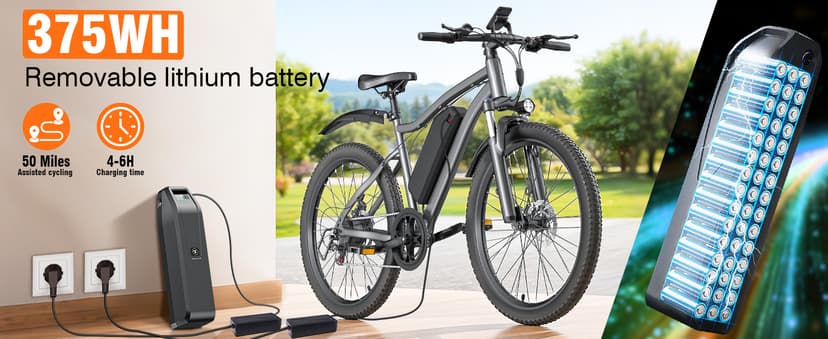 Electric Bike for Adults, 26" Commuter Ebikes with 7-Speed Gears, 25MPH Lightweight E Bike, 720W Peak Motor, 375Wh Removable Battery, 50 Miles Range, Electric Mountain Bicycle for All Terrain