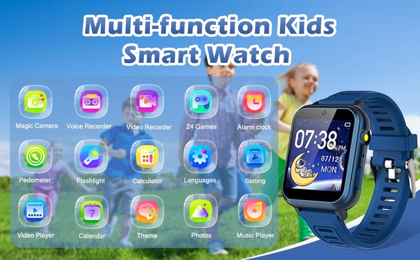 Kids Smart Game Watch with 24 Games HD Touch Screen Video Camera Music Player Pedometer Flashlight Alarm Clock 12/24 hr, Gifts for 5-12 Year Olds Boys