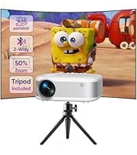 Projector with Two-way Bluetooth, Mini Projector with Projector Screen, Full HD 1080P Portable Video Projector, Home Movie Projector Compatible with HDMI/USB/Smartphone