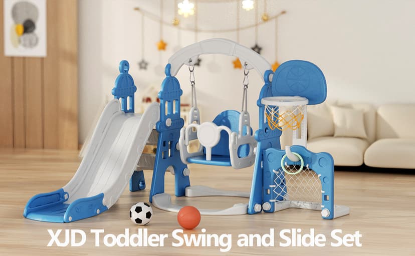 XJD 6-in-1 Toddler Slide and Swing Set, Kids Slide for Toddlers Age 1+, Toddler Outdoor Playset with Basketball Hoop, Football Frame, Swing, Outdoor Indoor Playground for Toddlers 1-3 (Pink)