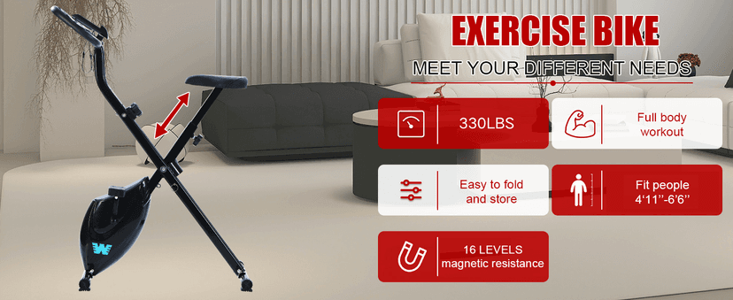 BARWING Stationary Exercise Bike for Home Workout, 5 IN 1 Foldable Indoor Cycling Bike for Seniors, 350LB Capacity, 16-Level Magnetic Resistance, Seat Backrest Adjustments