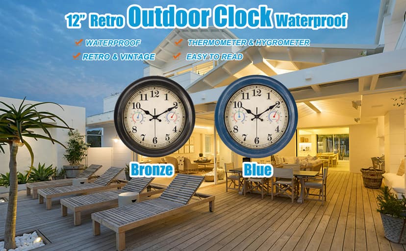 12 Inch Outdoor Clock with Thermometer and Hygrometer Combo, Waterproof Indoor Outdoor Wall Clocks for Patio, Pool, Garden, Bathroom Decor- Blue