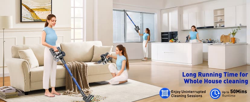 Cordless Vacuum Cleaner, 45KPA 8 in 1 Lightweight Vacuum Cleaners for Home, 50Mins Anti-Tangle Stick Vacuum, LED Display, Rechargeable Vacuum for Pet Hair/Carpet/Floor (Blue)