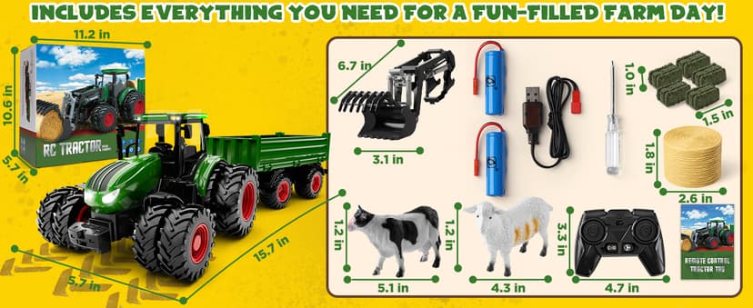 Remote Control Tractor Toy, Kids RC Tractor Set & Truck and Trailer Front Loader - Metal Car Head/8 Wheel/Light, Toddlers Farm Vehicle Toys for 3 4 5 6 7 8 9 Year Old Boys Girls Birthday Gift