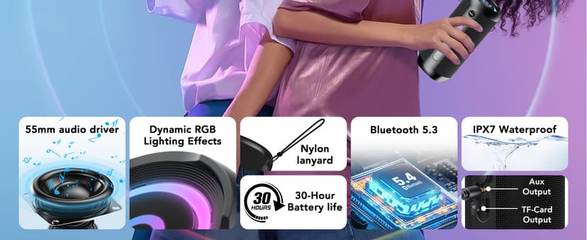 Portable Bluetooth Speaker, Bluetooth 5.4 Speaker, 30W Dual Speaker, 2.0 Channel, Deep Bass, 30H Playtime, Colorful RGB Lights, IPX7 Waterproof, TWS pairing for Outdoor/Home/Party/Travel, Gift Ideas