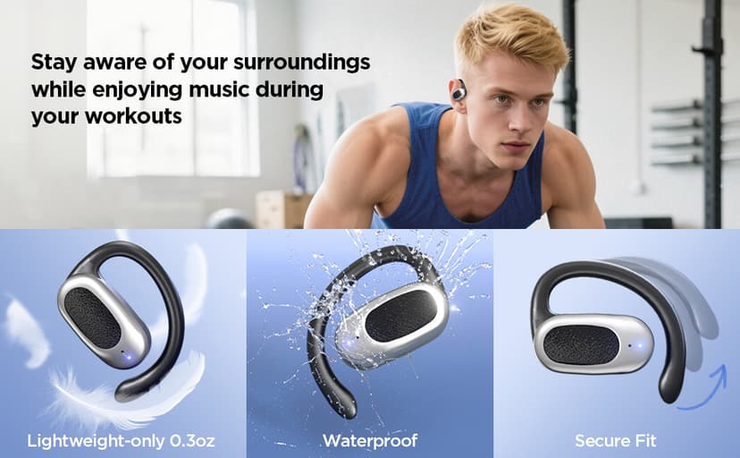 Open Ear Wireless Headphones Air Conduction Earbuds with Mic 42H Playtime Clear Calls LED Digital Display Over Earphones Lightweight Waterproof Secure Earhooks for PC Sports Running Game Business Work