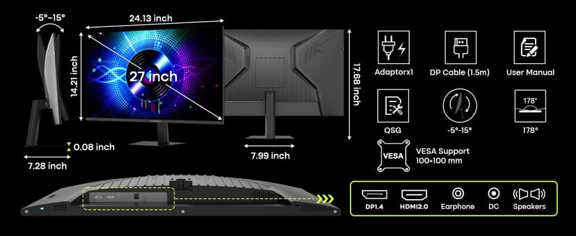 Amzfast 27" 240Hz 1ms FPS Gaming Monitor, Fast VA FHD 1080P, Adaptive Sync, HDR 400, 4000:1 Contrast, 125% sRGB, Built-in Speaker, HDMI 2.0 & DP 1.4 with DP Cable, VESA