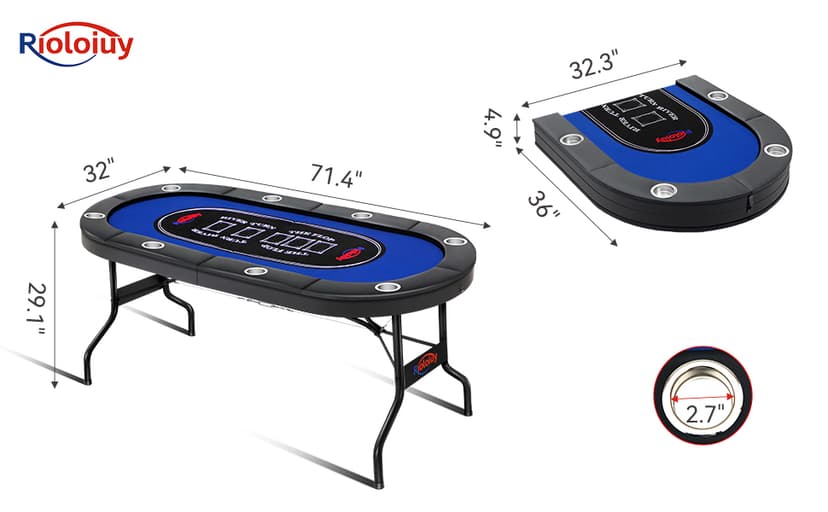 Rioloiuy 8 Player Poker Table Foldable, Texas Holdem Casino Table with Padded Rails & Cup Holders, Portable Folding Game Table for Home or Game Room, 71 Inch