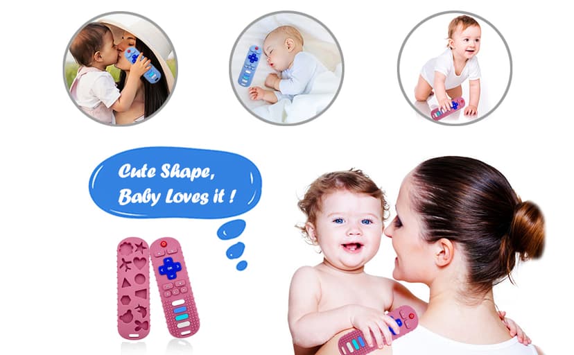 ROBBEAR Baby Teething Toys, Food Grade Silicone Teether for Babies 3 6 12 18 Months, TV Remote Shape Toddlers Chew Toys, Freezer BPA Free (Pink RC)