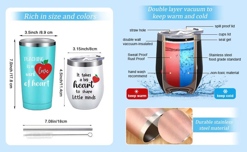 Yinder Valentines Gifts for Teachers Tumbler Set 4pcs Stainless Steel Tumblers with Keychains 12oz Insulated Mugs for Teachers Appreciation Presents Thank You Gifts Bulk Teacher Supplies(Apple)