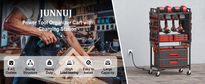 Floor Standing, Large Garage Rolling Storage Cart on Wheels, Heavy Duty Drill Battery Storage Rack, with 8 Outlet Power Strip JUNNUJ Power Tool Organizer Cart with Charging Station, 6 FT Cord, Red B0D1QVKWGH