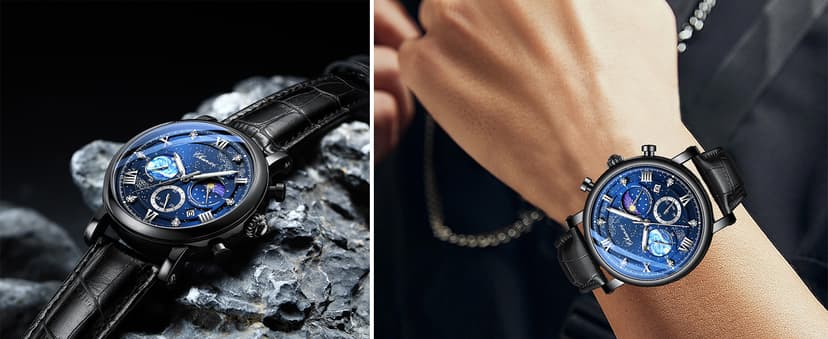 FANMIS Men's Classic Multifunctional Military Sports Analog Watch Business Dress Waterproof Luminous Chronograph Starry Sky Moon Phase Leather Wristwatch