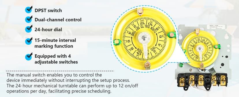 T104M Pool Timer Mechanism Only, 208-277V DPST 40A Time Switch, Pool Pump Timer, Heavy-Duty Mechanical Time Switches, 24 Hour 12 ON/Off for Pool Pump,Time Switch Mechanism Only, 6 Years Warranty