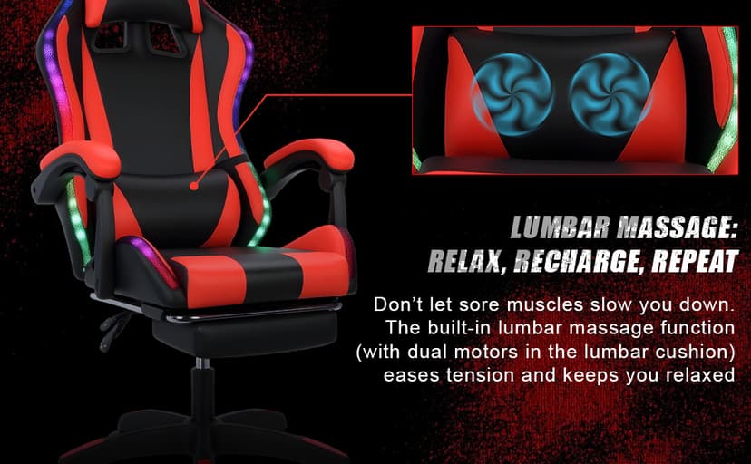 Gaming Chair with Bluetooth Speakers and Led Lights, Massage Gamer Chair with Footrest High Back and Lumbar Support, Ergonomic Height Adjustable Video Game Chairs Recliner for Adults (Black Red)