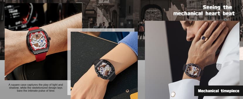 OLEVS Watch for Men Skeleton Automatic Tonneau Silicone Strap Business Luxury Waterproof Luminous Mechanical Men Wrist Watch