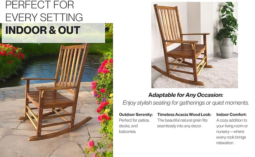 Patio Wise Acacia Wood Rocker Chair, Indoor/Outdoor Wooden Rocking Chairs, Porch, Deck, Patio, & Balcony Furniture, 26 -Inches Long x 35 ½ -Inches Wide x 44 ½ -Inches High, Teak
